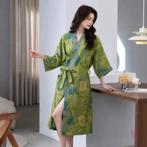 Peignoir Kimono Fleuri Vert pour Femme