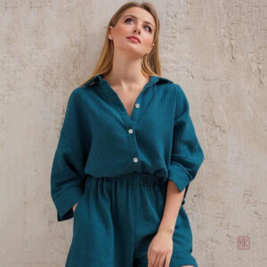 Pyjama femme bleu canard en kimono
