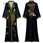 Vêtement de nuit long pour femme, style kimono noir