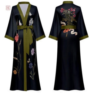 Vêtement de nuit long pour femme, style kimono noir