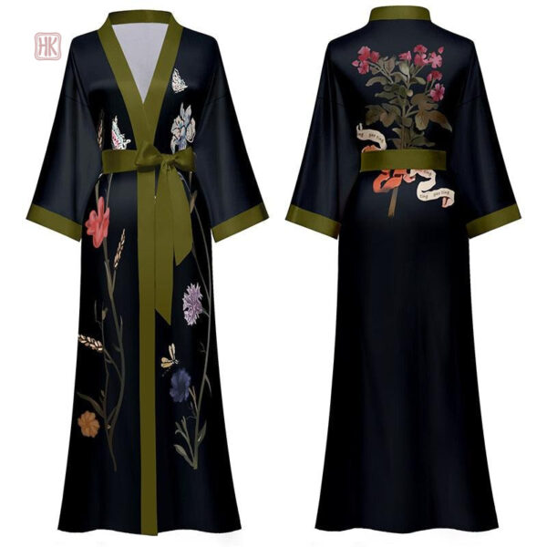 Vêtement de nuit long pour femme, style kimono noir
