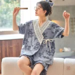Pyjama Kimono Femme Bleu Dentelles