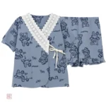 Pyjama féminin bleu, style kimono, avec finition en dentelles