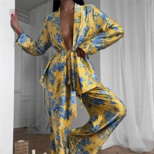 Pyjama kimono sexy jaune pour femme