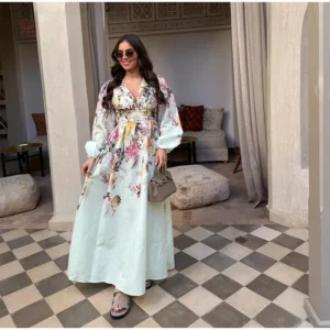 Robe Kimono Fleurie à Manches Longues