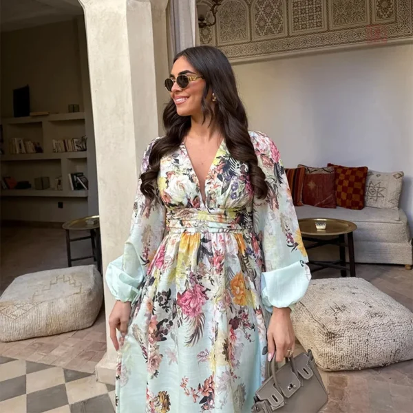 Robe Kimono à Fleurs avec Manches Longues