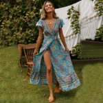 Robe Kimono Fleurie Bleue