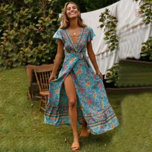 Robe Kimono Fleurie Bleue
