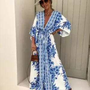 Robe Kimono Bleue Longue