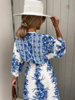 Robe Bleue Longue à Motif Kimono