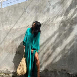 Robe Kimono Bleue Verte élégante et fluide