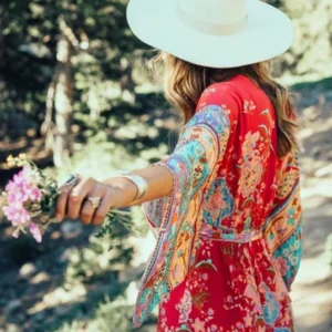 Robe Kimono Boho Rouge à motifs