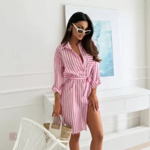 Robe Kimono Rayée Rose