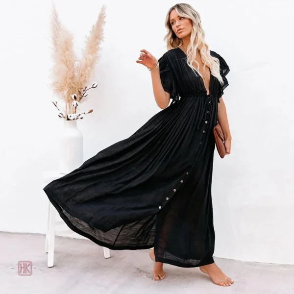 robe-kimono-de-plage-noire-1 Robe Kimono de Plage Noire élégante et légère