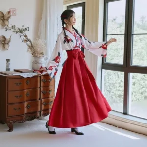 Robe kimono fleurie rouge et blanc