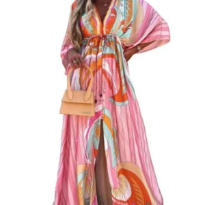 Maxi robe kimono rose élégante et fluide