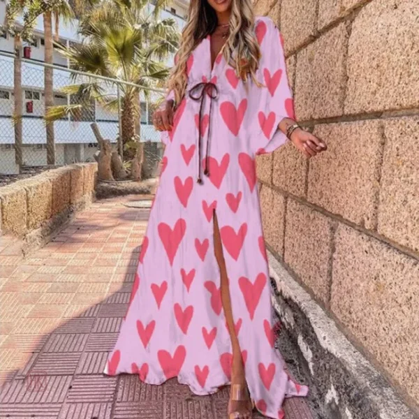 Robe Kimono Rose à motifs cœurs, élégante et tendance
