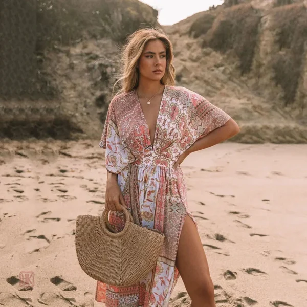 Robe kimono chic, couleur rose, style séduisant et tendance