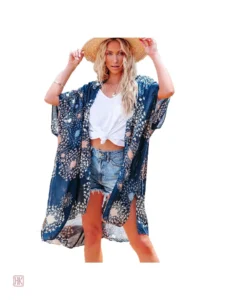 Veste bleue fluide au style kimono, parfaite pour les saisons
