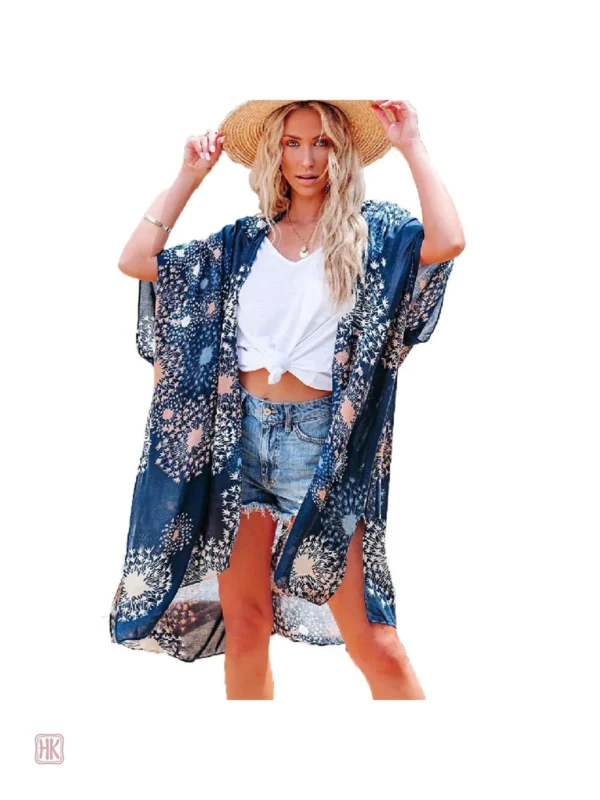 Veste bleue fluide au style kimono, parfaite pour les saisons
