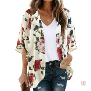 Veste kimono femme à motifs fleurs roses