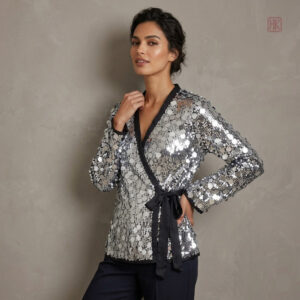 Veste à Paillettes Argentées, idéale pour soirées