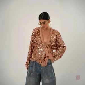 Veste Kimono Ample avec Paillettes Dorées pour Femme