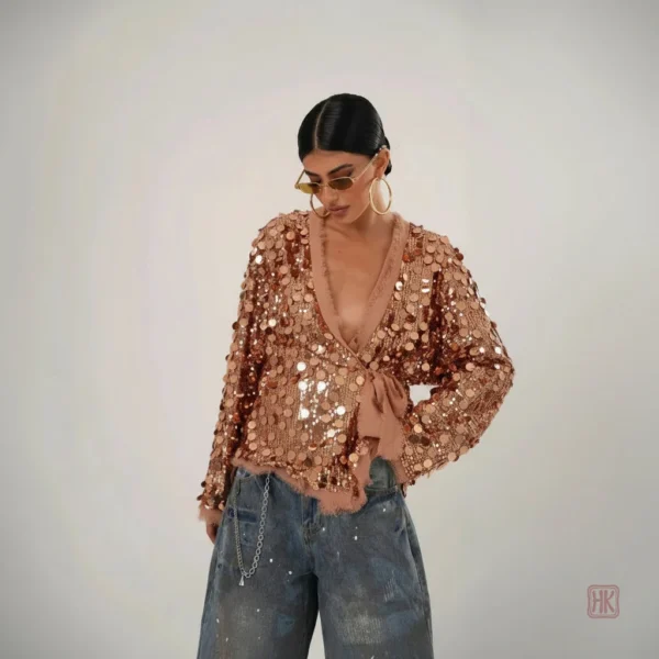 veste-kimono-ample-a-paillettes-dorees-1 Veste Kimono Ample avec Paillettes Dorées pour Femme