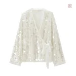 Veste kimono femme avec paillettes blanches brillantes
