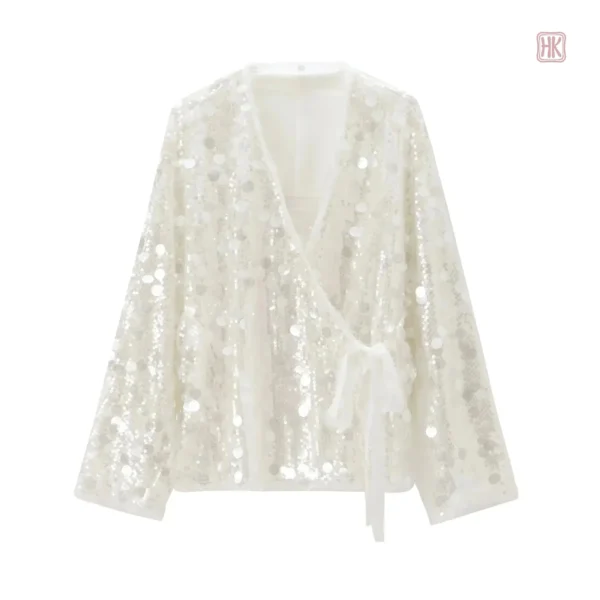 Veste kimono femme avec paillettes blanches brillantes