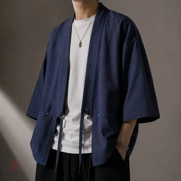 veste-kimono-bleu-coton-1 Veste Kimono Homme en coton bleu