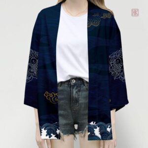 Veste kimono femme en bleu nuit, style décontracté