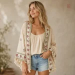 Veste Kimono Bohème Brodée avec franges pour femme
