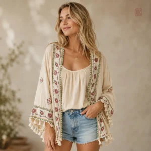 Veste Kimono Bohème Brodée avec franges pour femme