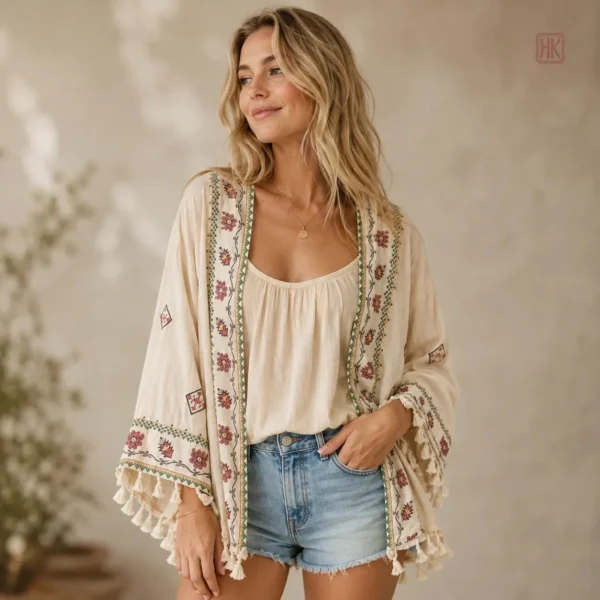 Veste Kimono Bohème Brodée avec franges pour femme