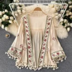 Veste kimono femme avec broderies et franges stylées