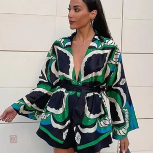 Veste Kimono Bohème avec motifs de feuilles vertes