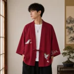 Veste Kimono Brodée avec motifs de grues pour homme