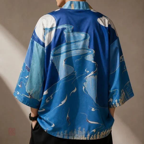veste-kimono-chemin-bleu-1 Veste kimono homme chemin bleu élégante et décontractée