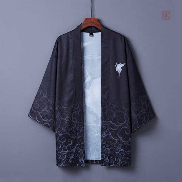 Kimono Noir avec motif Grue pour style décontracté