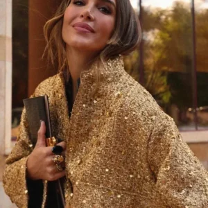 Veste kimono scintillante avec paillettes dorées