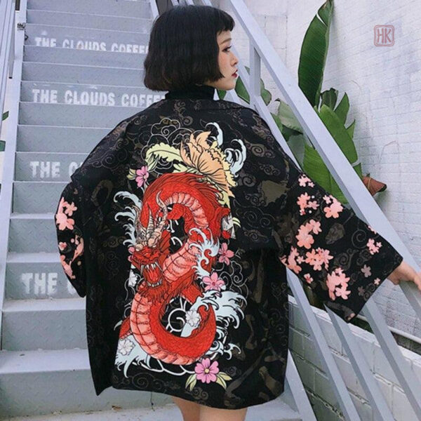 veste-kimono-dragon-rouge-1 Veste kimono rouge avec motif dragon pour femme