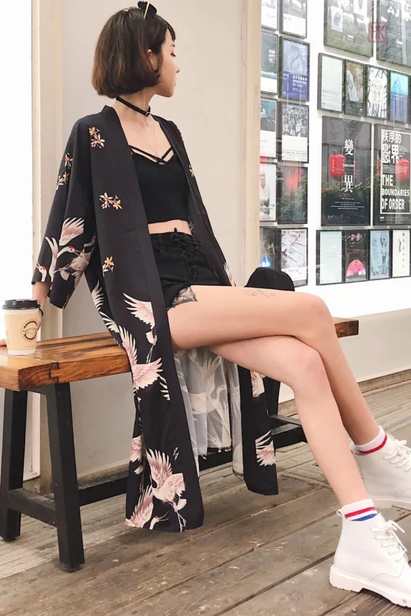 Kimono léger pour femme, imprimé grue