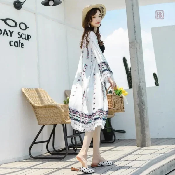 Veste Kimono Femme Blanche à Franges