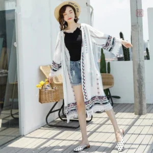 Kimono Femme Blanc avec Franges