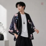 Veste kimono homme à fleurs roses