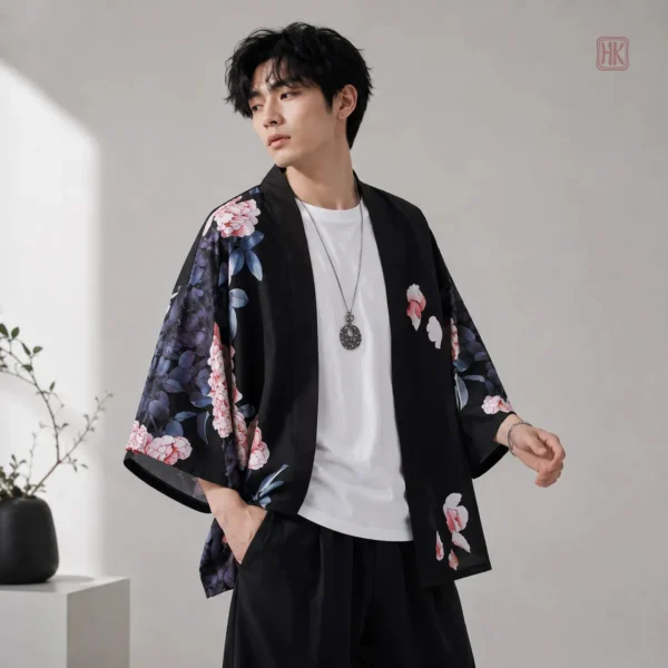 veste-kimono-fleur-rose-1 Veste kimono homme à fleurs roses