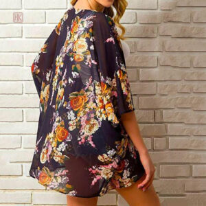 Veste kimono fleurie noire pour femme