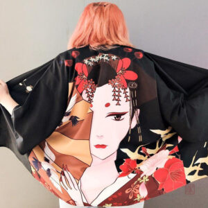 Veste kimono femme style geisha avec motif éventail