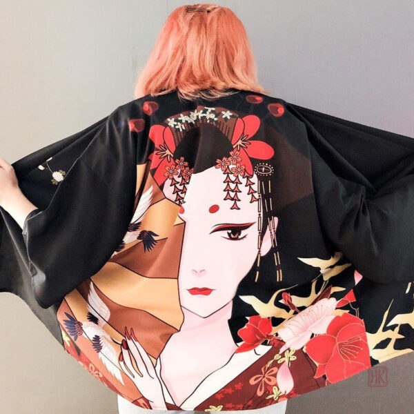 veste-kimono-geisha-eventail-1 Veste kimono femme style geisha avec motif éventail